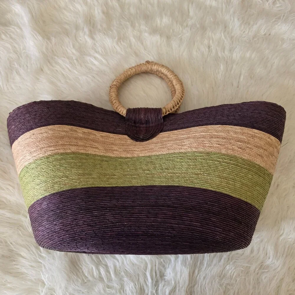 Bohemian Straw Bag Tote Large Colorblock Raffia Resortwear Vacation Beach